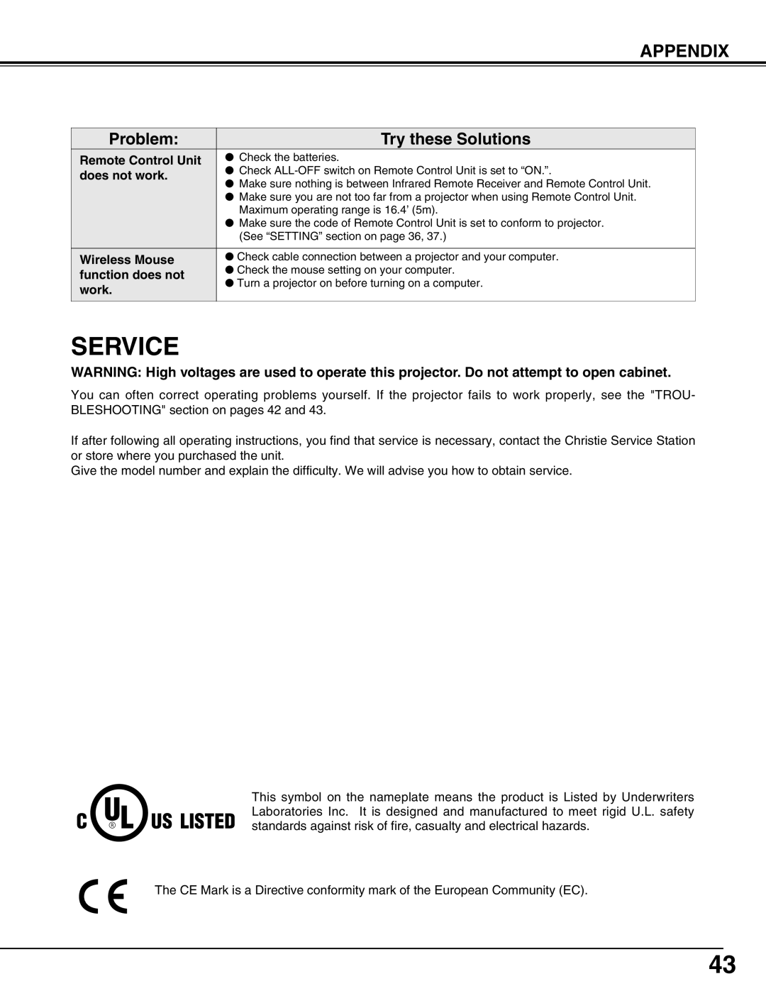 Christie Digital Systems 103-002001 user manual Service 