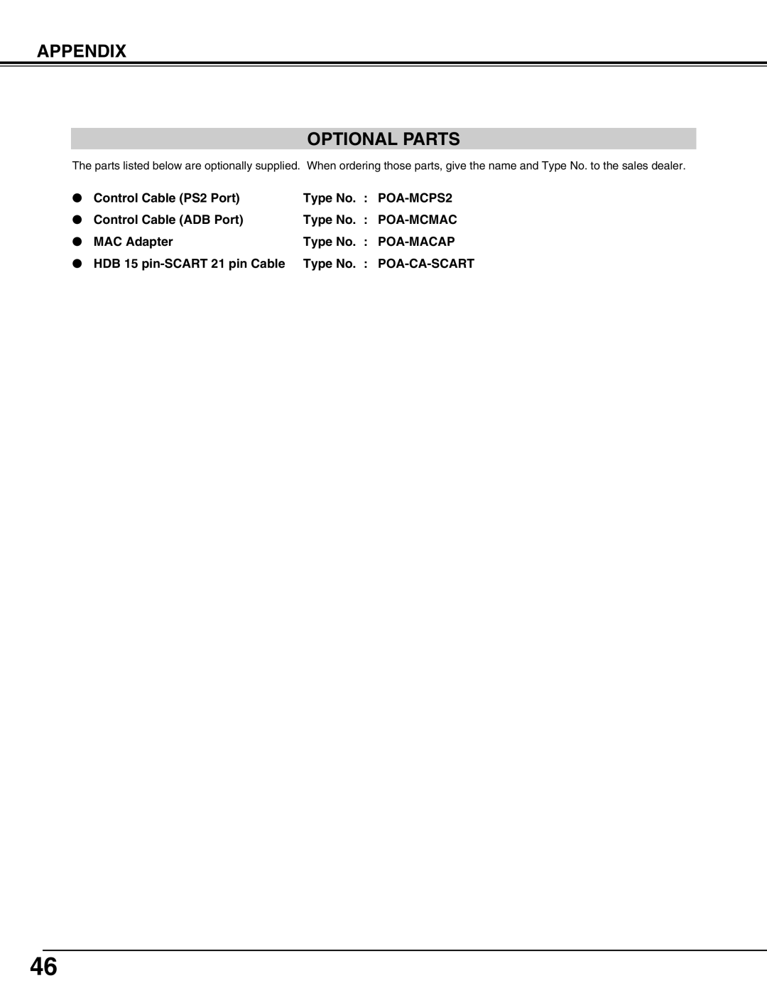 Christie Digital Systems 103-002001 user manual Appendix Optional Parts, POA-MCPS2, Poa-Mcmac, Poa-Macap, Poa-Ca-Scart 