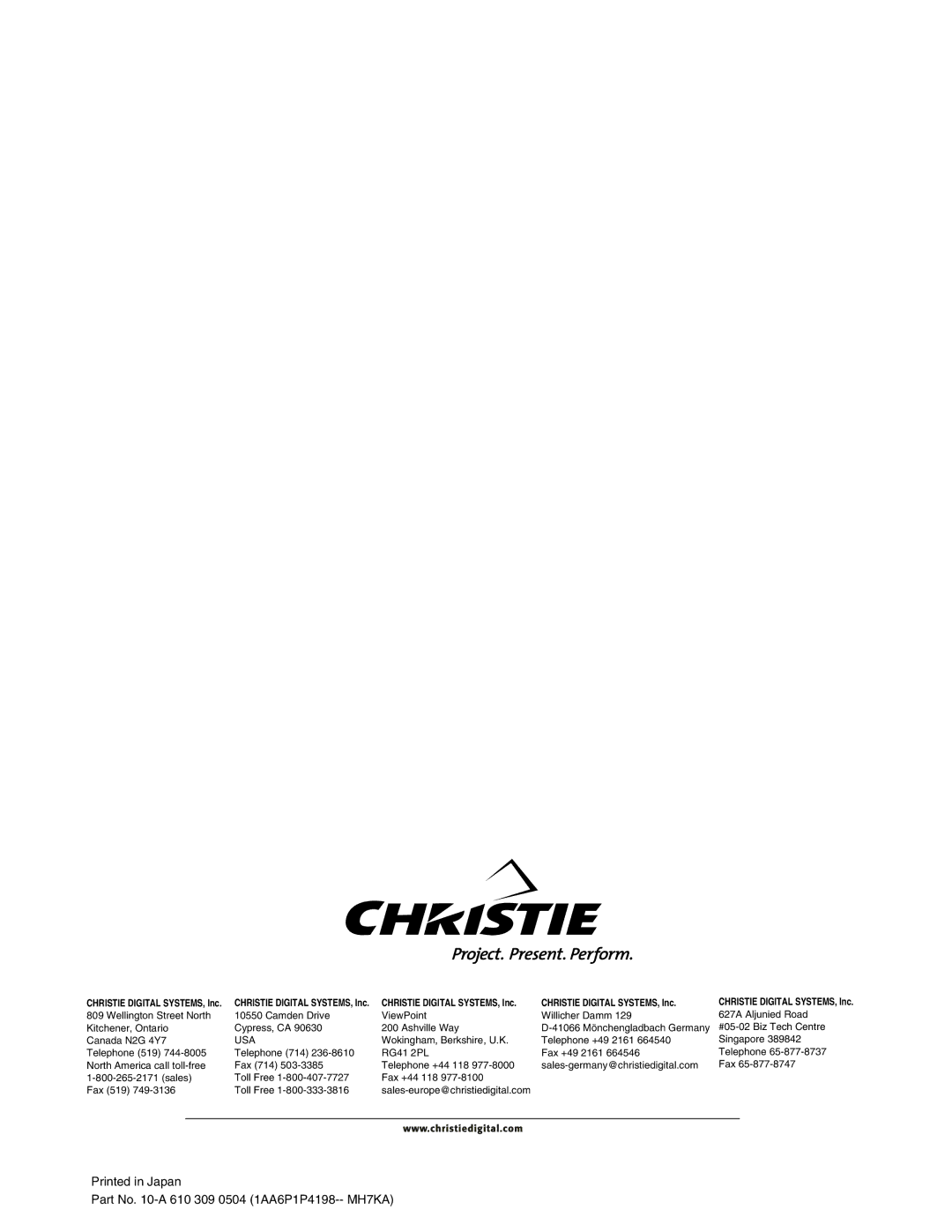 Christie Digital Systems 103-002001 user manual Part No -A 610 309 0504 1AA6P1P4198-- MH7KA 