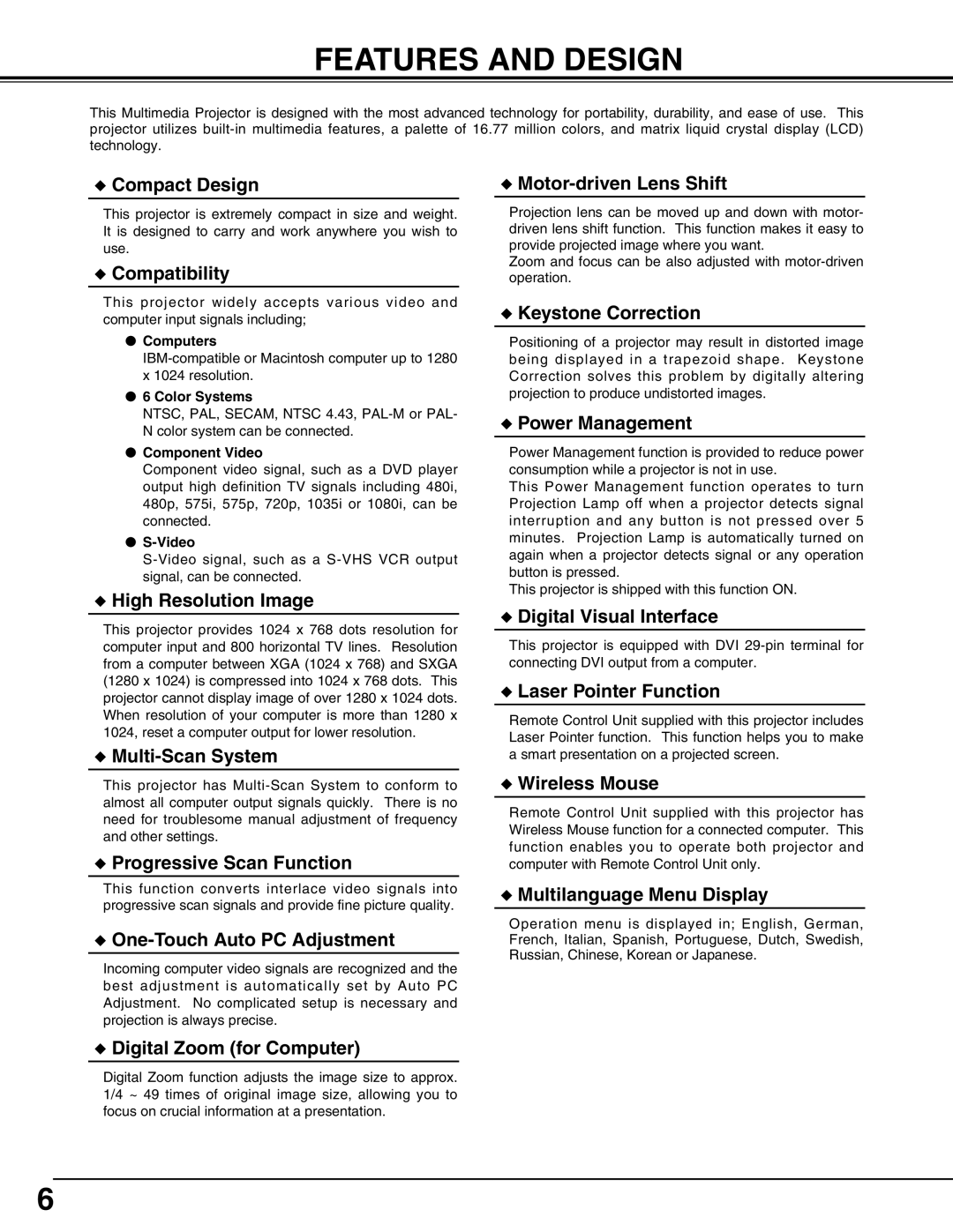 Christie Digital Systems 103-002001 user manual Features and Design, Compact Design 