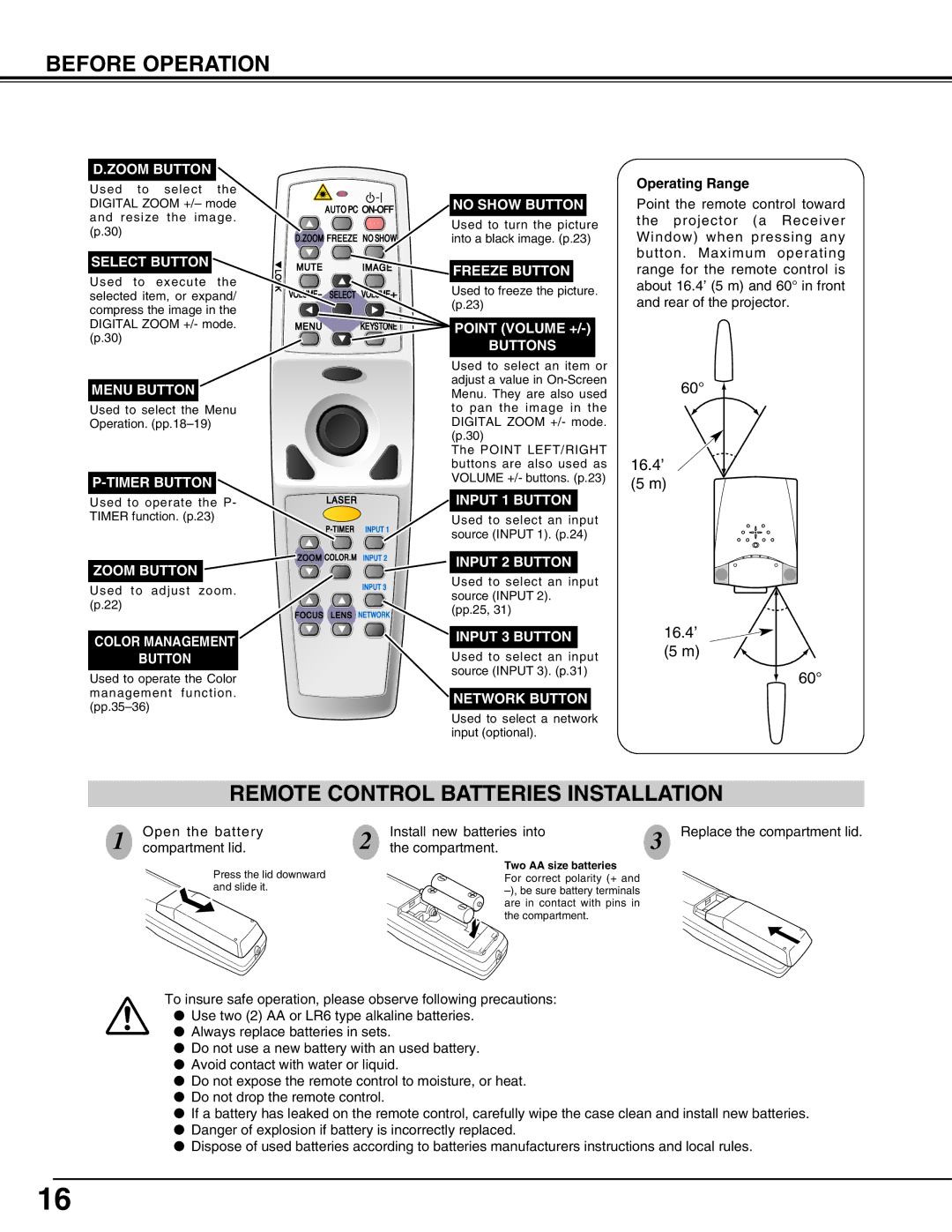 Christie Digital Systems 103-008100-01 user manual Before Operation, Remote Control Batteries Installation 