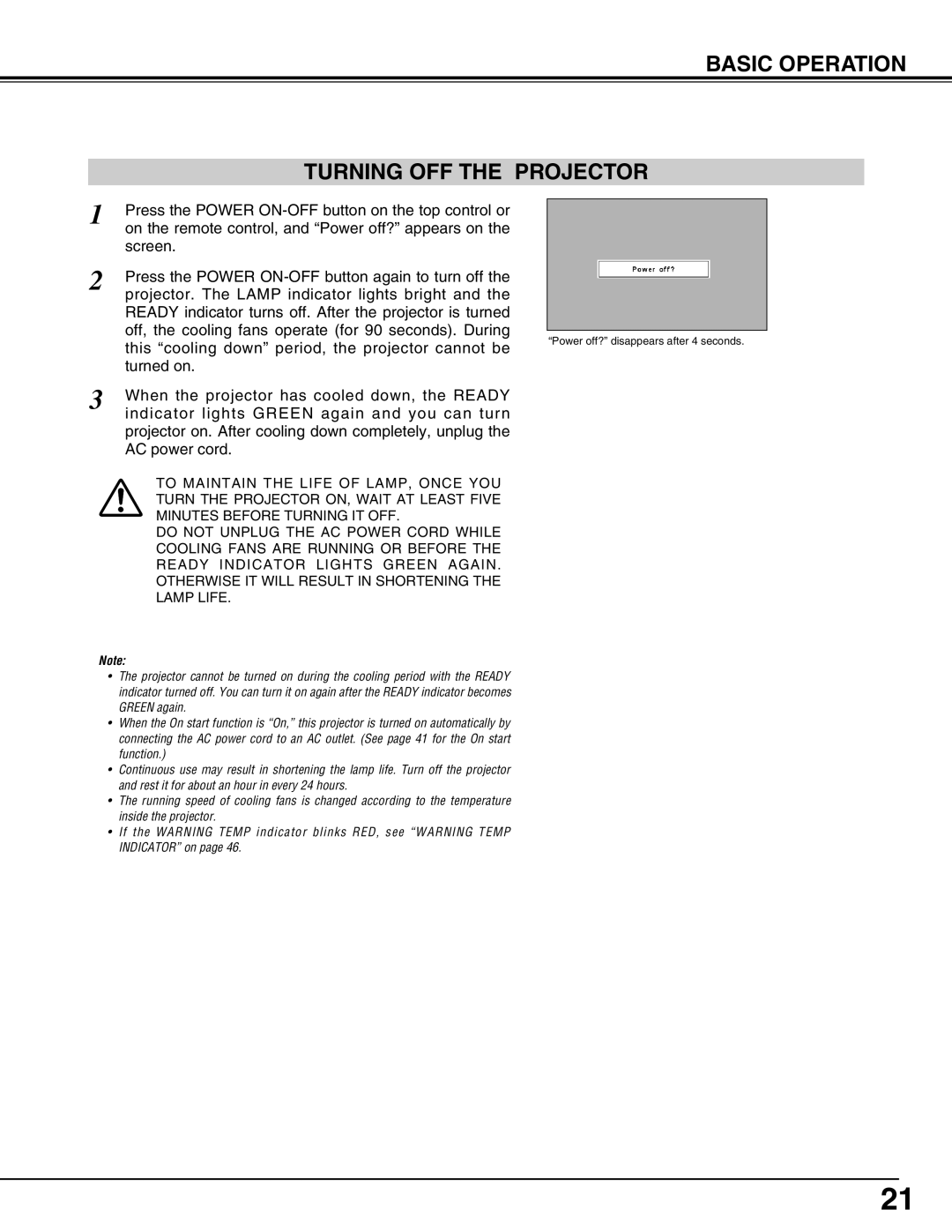 Christie Digital Systems 103-008100-01 user manual Basic Operation Turning OFF the Projector 