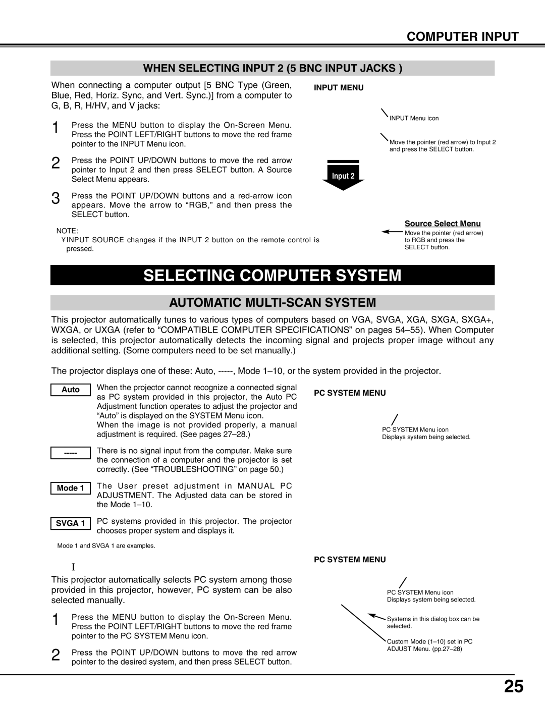 Christie Digital Systems 103-008100-01 Selecting Computer System, Automatic MULTI-SCAN System, PC System Menu, Svga 