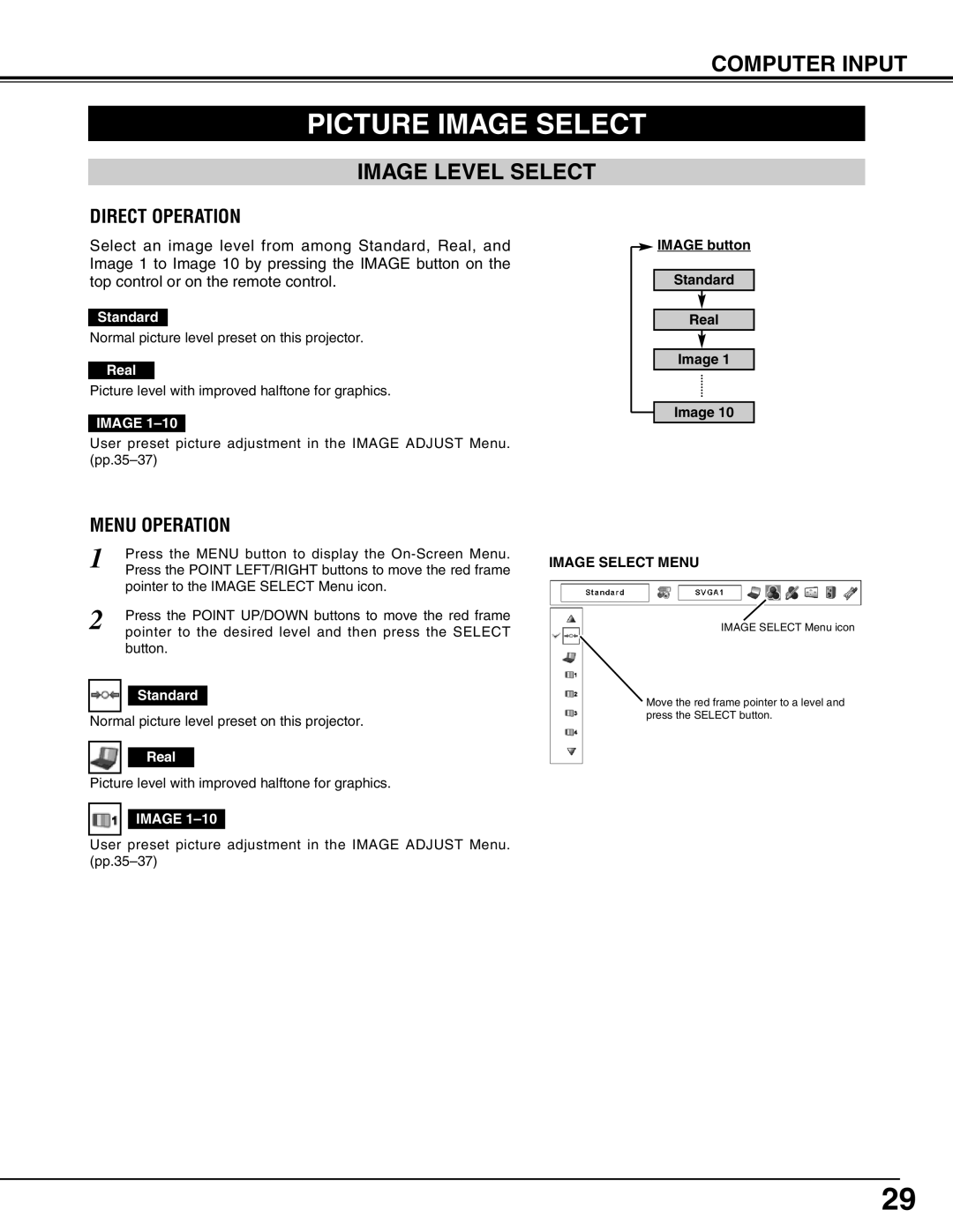 Christie Digital Systems 103-008100-01 user manual Picture Image Select, Image Level Select, Image Select Menu 