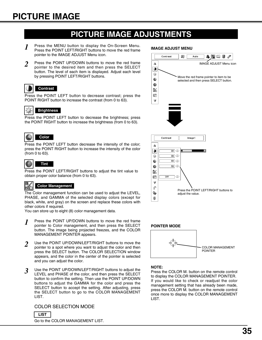 Christie Digital Systems 103-008100-01 user manual Picture Image Adjustments, Image Adjust Menu, Pointer Mode, List 