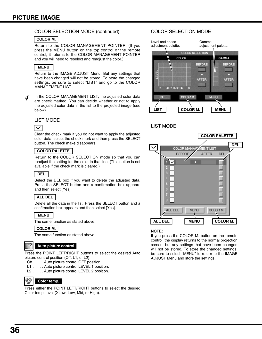 Christie Digital Systems 103-008100-01 user manual Color Palette, All Del, List Color M Menu 