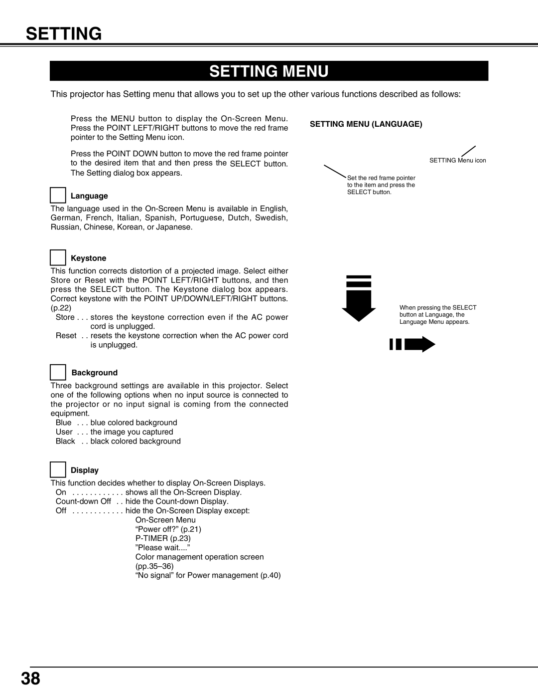 Christie Digital Systems 103-008100-01 user manual Setting Menu Language 