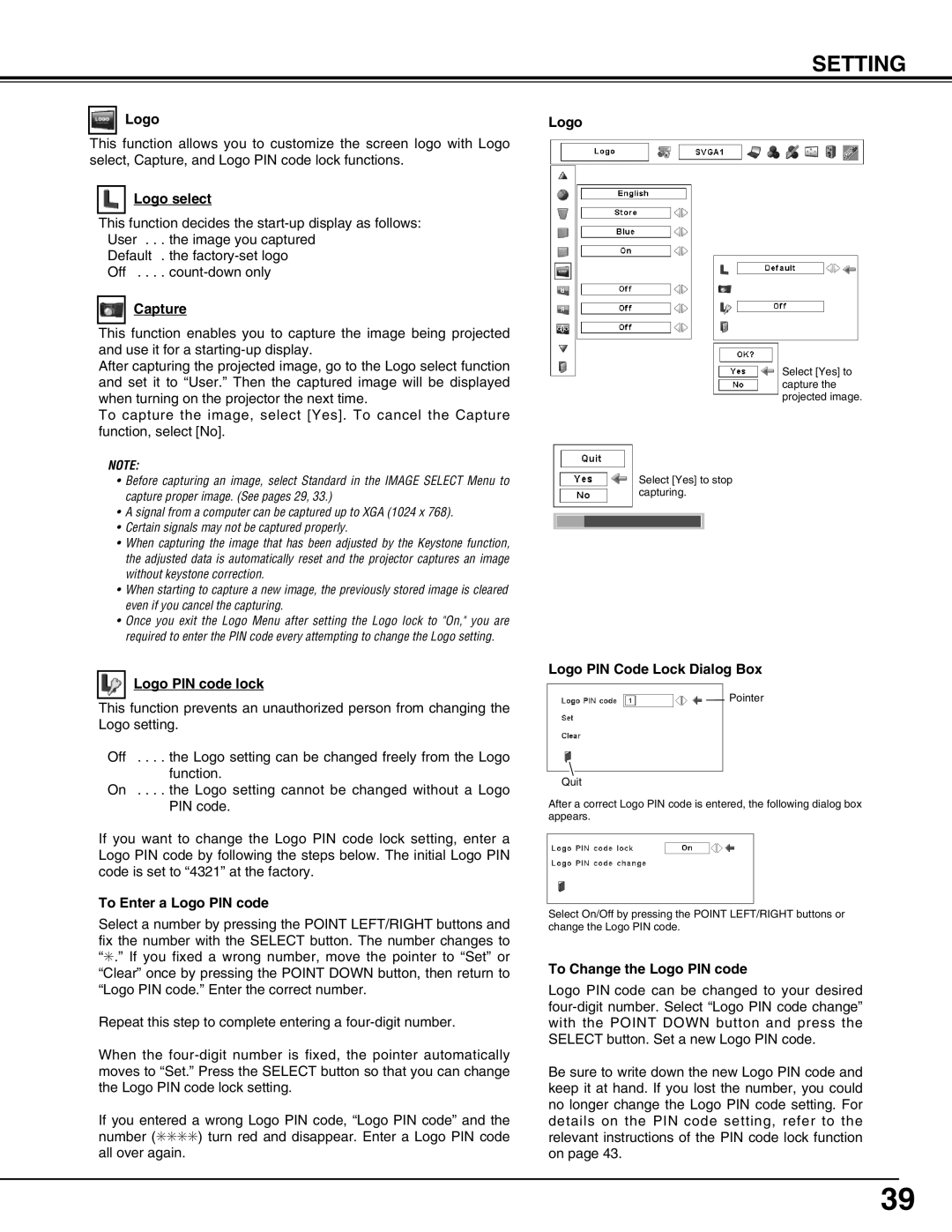 Christie Digital Systems 103-008100-01 user manual Logo select, Capture, Logo PIN code lock, To Enter a Logo PIN code 