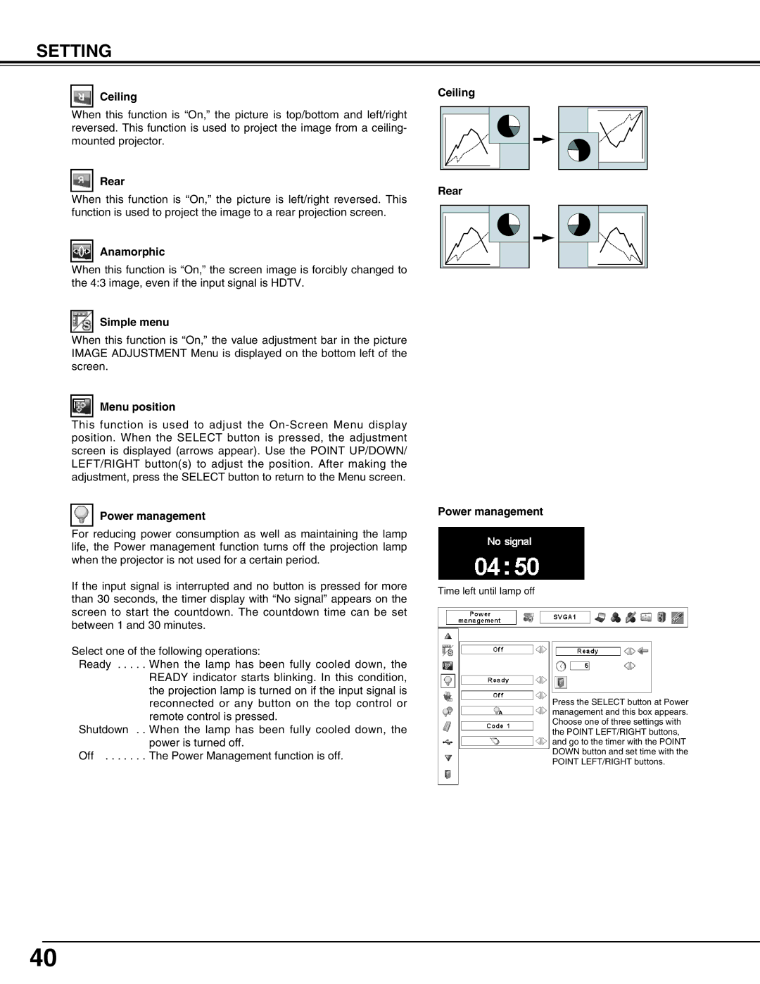 Christie Digital Systems 103-008100-01 user manual Ceiling, Rear, Anamorphic, Simple menu, Menu position, Power management 