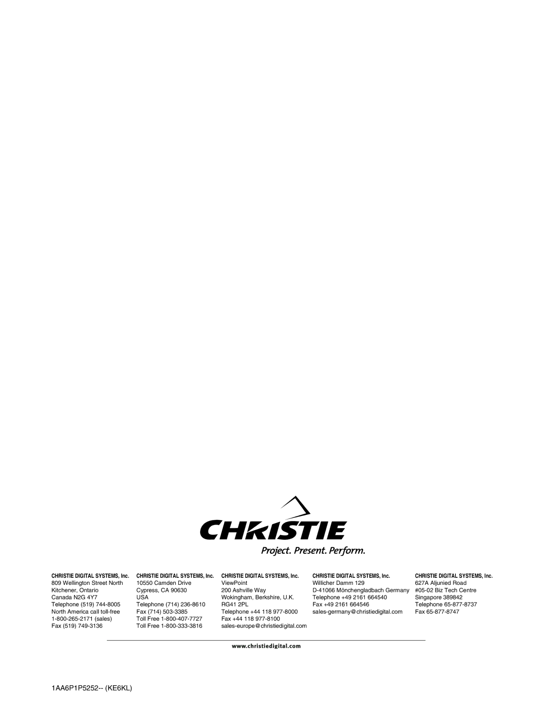 Christie Digital Systems 103-008100-01 user manual 1AA6P1P5252-- KE6KL 