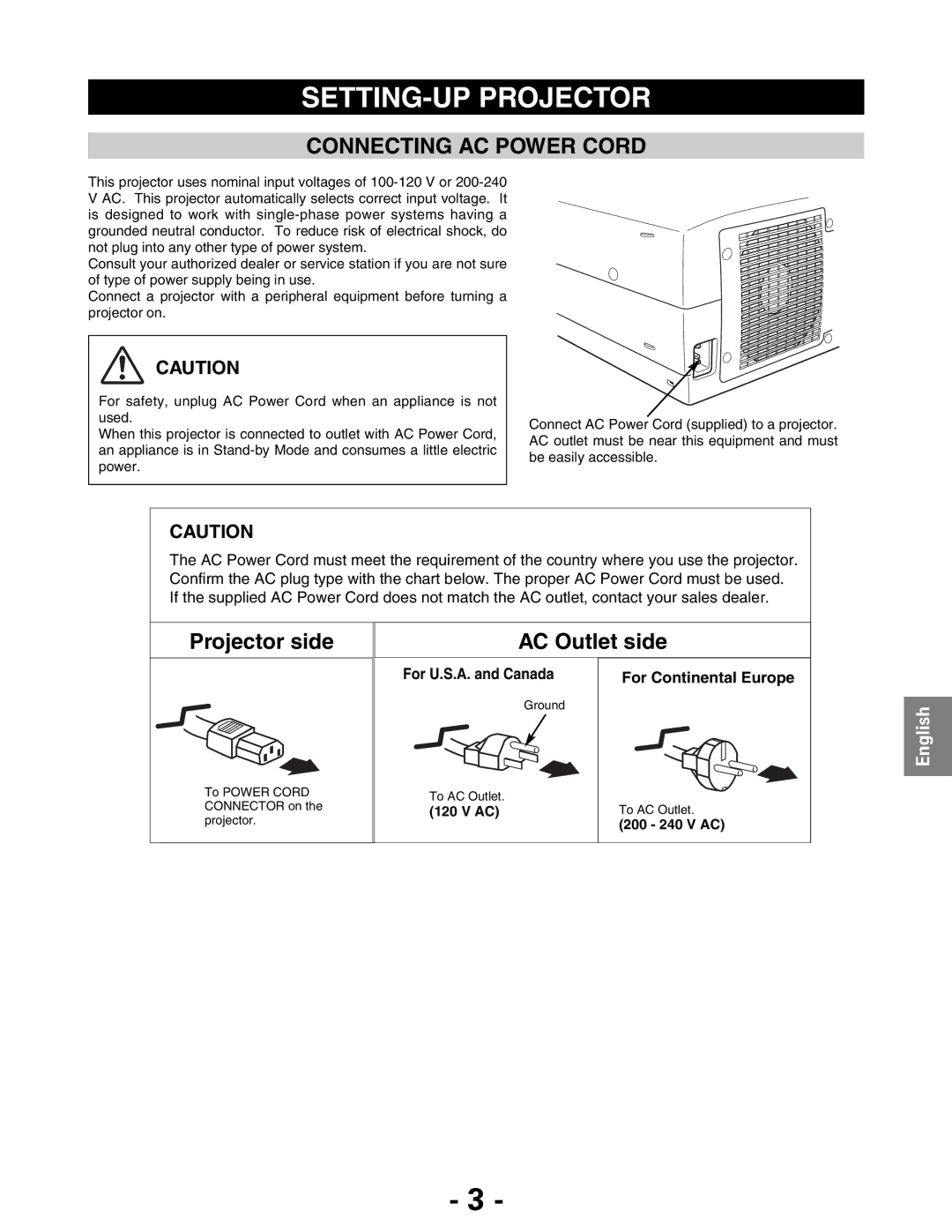 Christie Digital Systems 103-011100-01 owner manual SETTING-UP Projector, Connecting AC Power Cord 