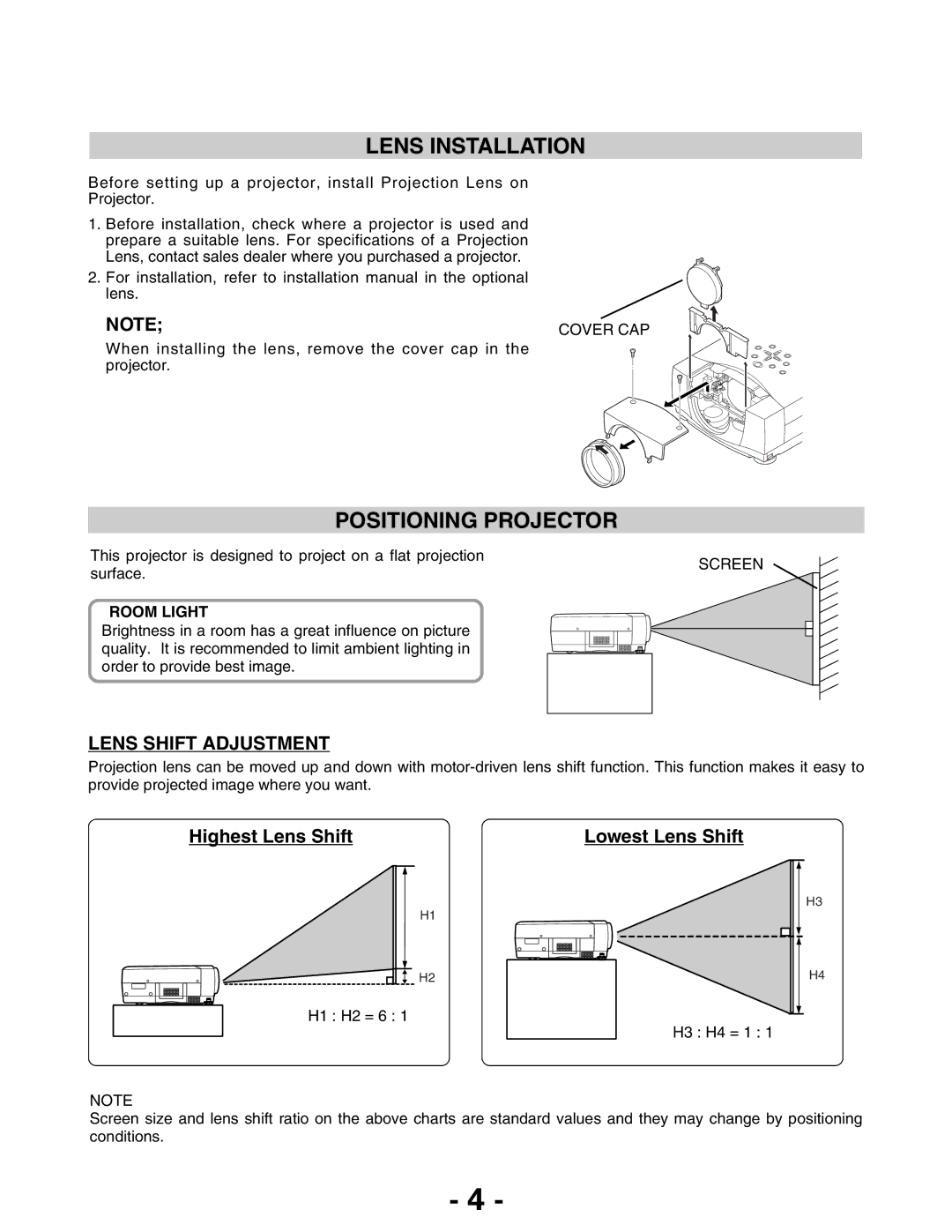 Christie Digital Systems 103-011100-01 owner manual Lens Installation, Positioning Projector 