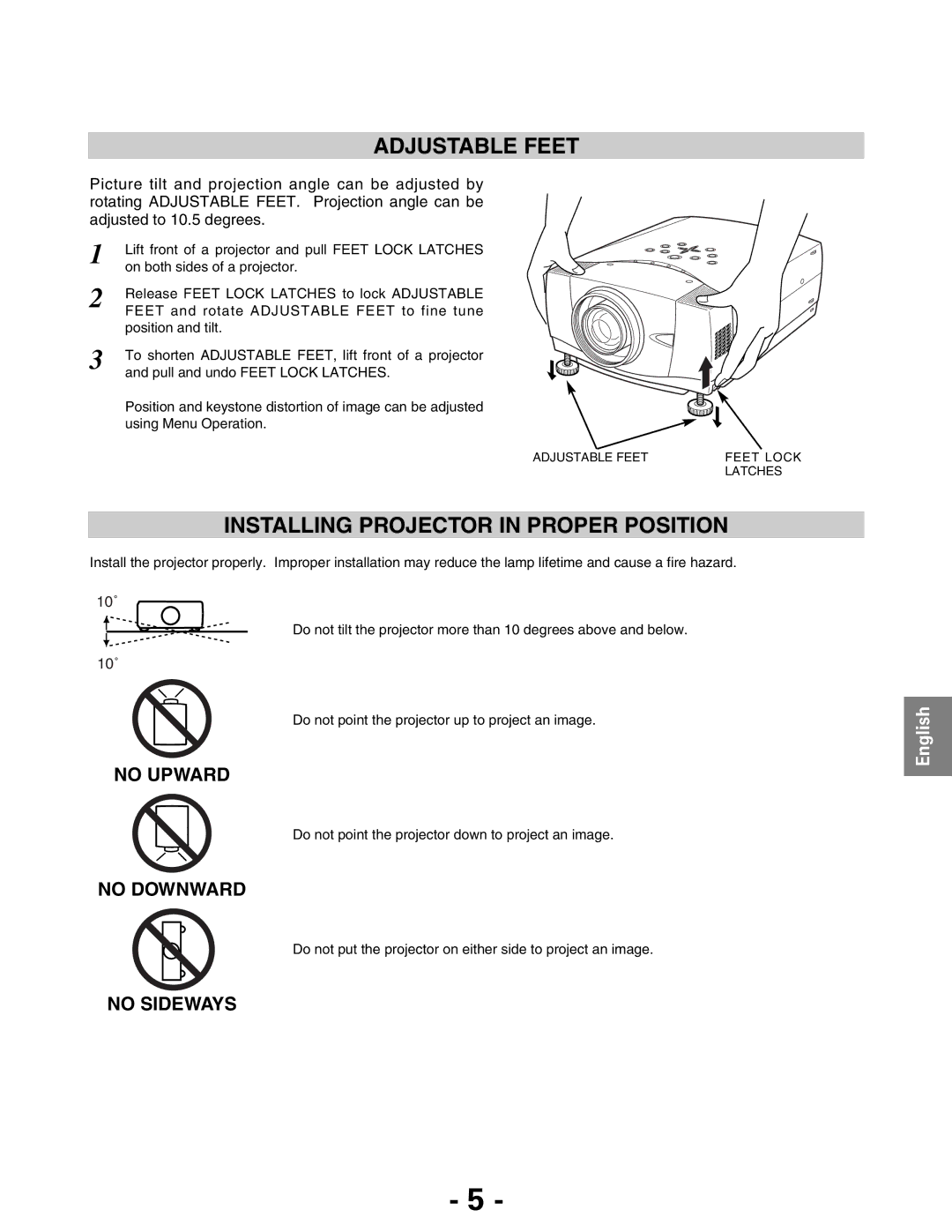 Christie Digital Systems 103-011100-01 owner manual Adjustable Feet, Installing Projector in Proper Position 