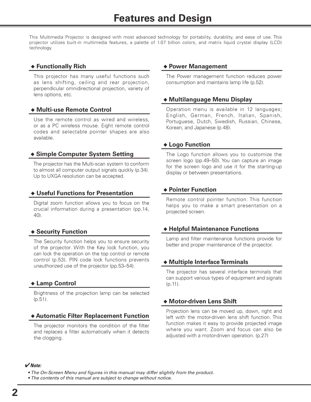 Christie Digital Systems 103-012100-01 user manual Features and Design 