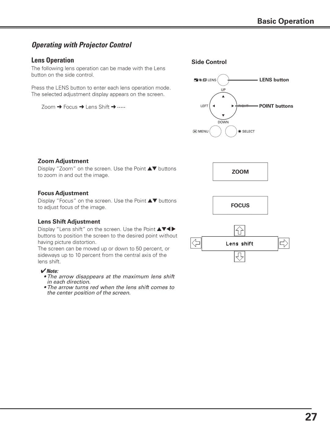 Christie Digital Systems 103-012100-01 Operating with Projector Control, Lens Operation, Lens button Point buttons 