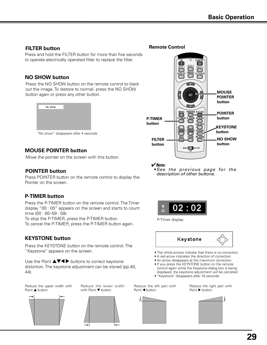 Christie Digital Systems 103-012100-01 Filter button, No Show button, Mouse Pointer button, Timer button, Keystone button 