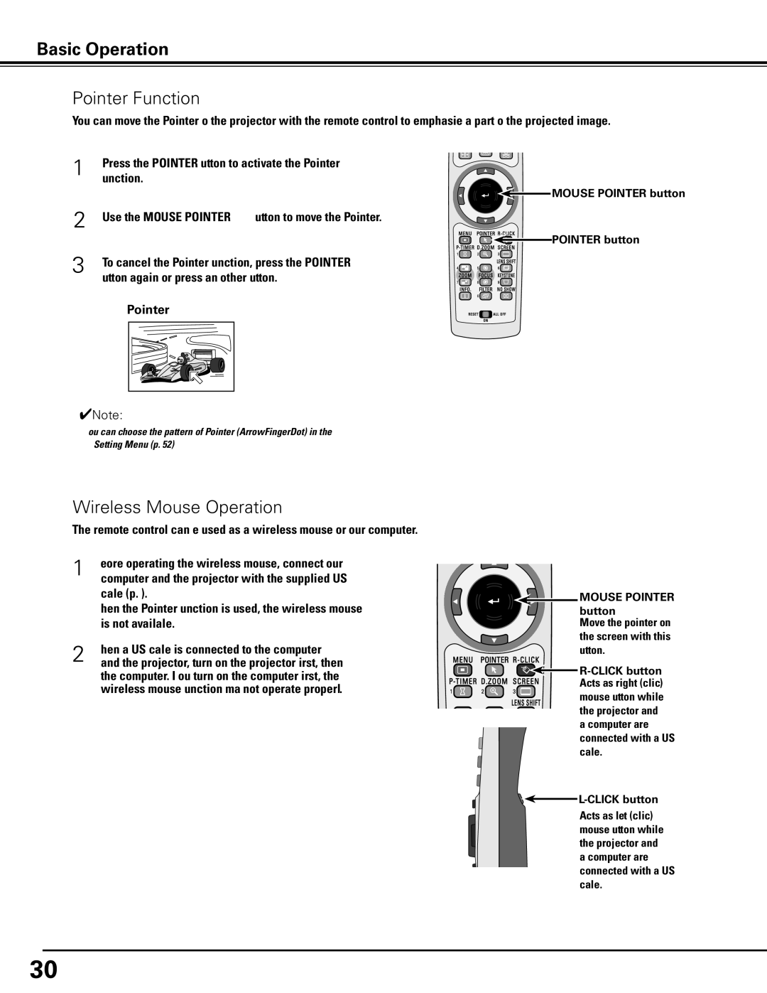 Christie Digital Systems 103-012100-01 Pointer Function, Wireless Mouse Operation, Mouse Pointer button, Click button 