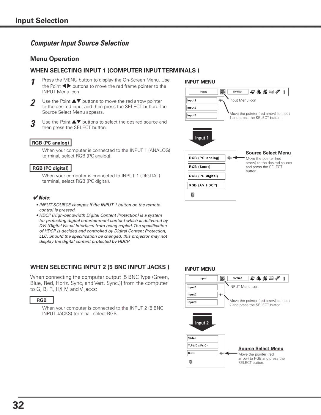 Christie Digital Systems 103-012100-01 Computer Input Source Selection, Menu Operation, Input Menu, Source Select Menu 