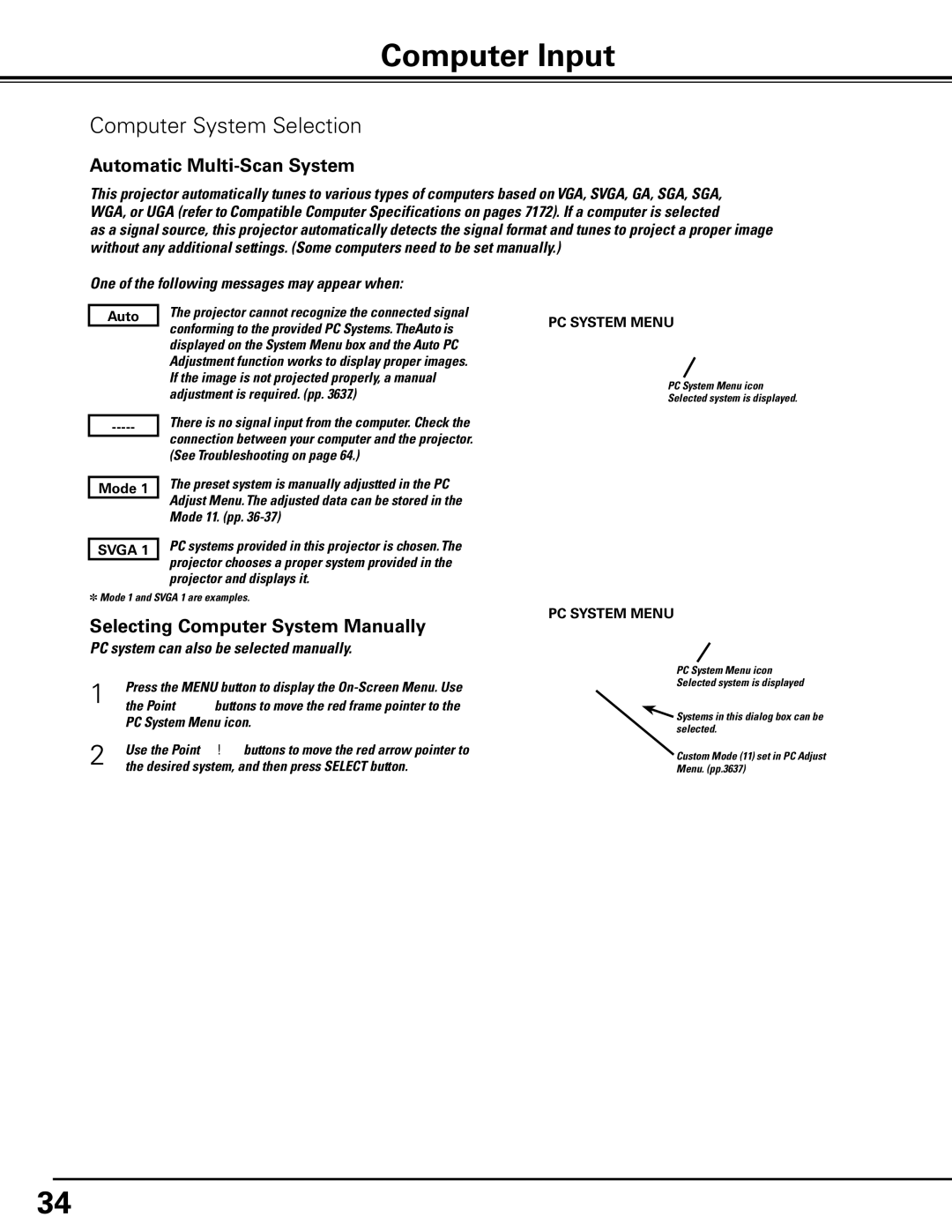 Christie Digital Systems 103-012100-01 user manual Computer Input, Computer System Selection, Automatic Multi-Scan System 