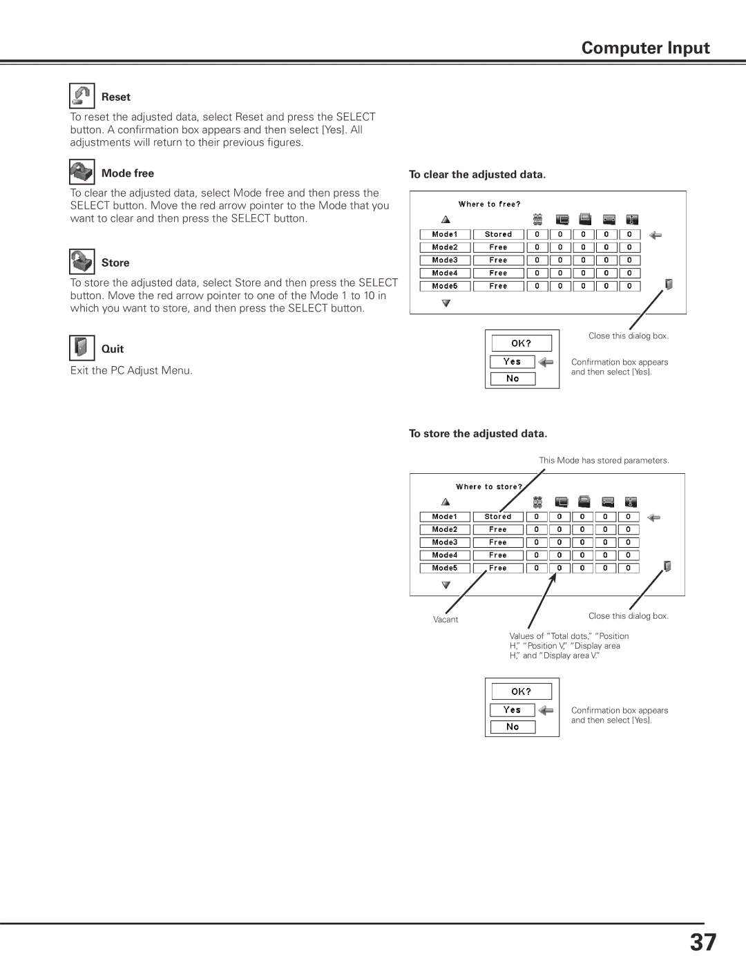 Christie Digital Systems 103-012100-01 user manual Reset, Mode free, Store, Quit, To store the adjusted data 