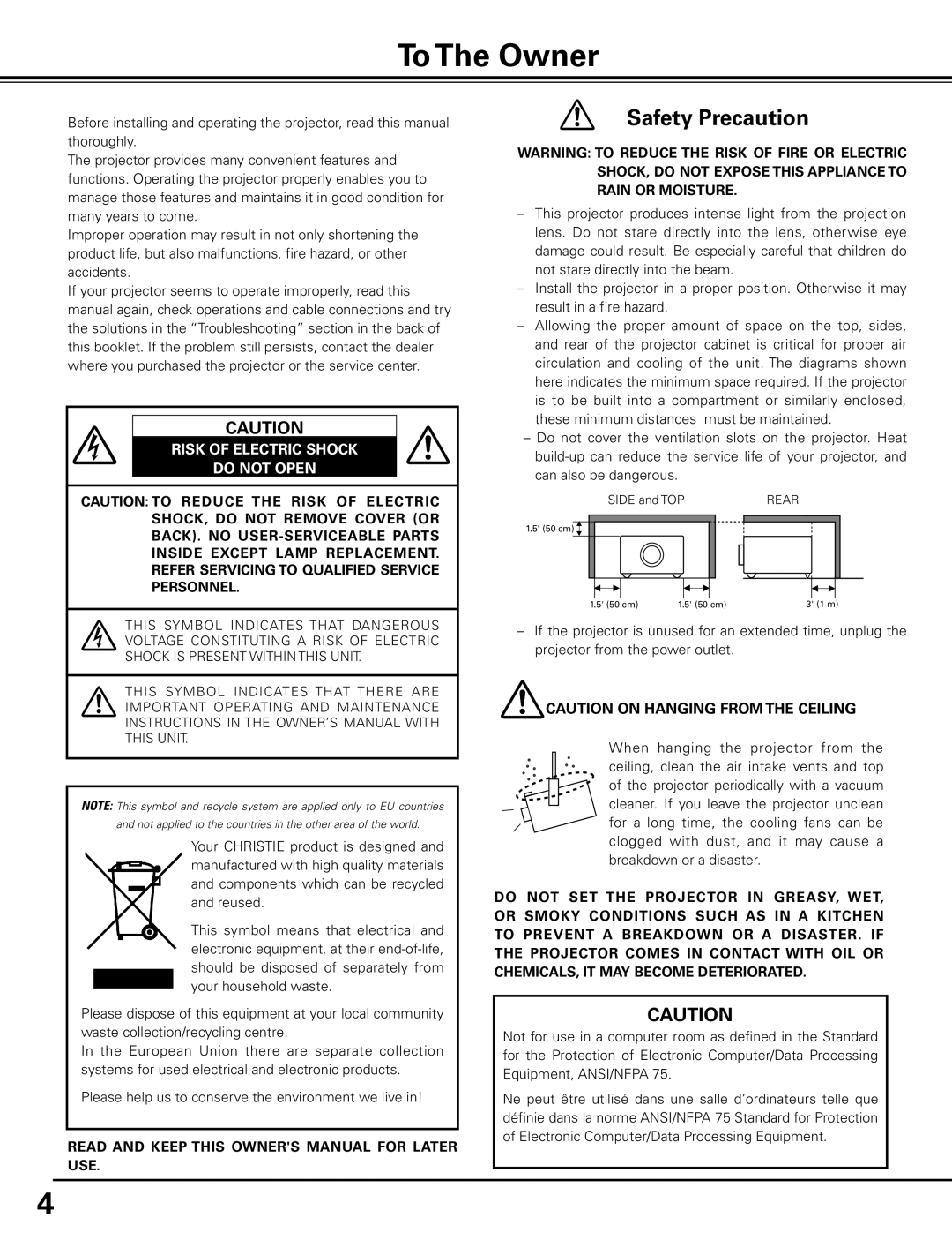 Christie Digital Systems 103-012100-01 user manual To The Owner, Risk of Electric Shock Do not Open 