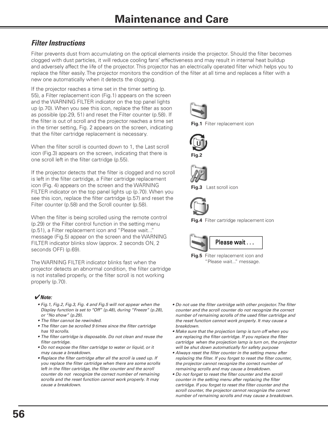 Christie Digital Systems 103-012100-01 user manual Maintenance and Care, Filter Instructions 