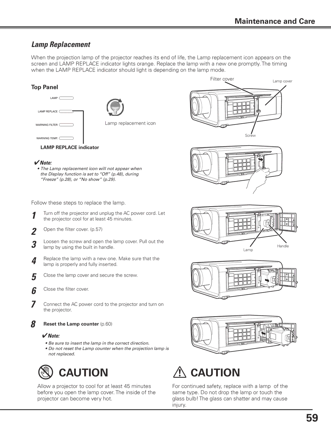 Christie Digital Systems 103-012100-01 user manual Lamp Replacement, Lamp Replace indicator, Reset the Lamp counter p.60 