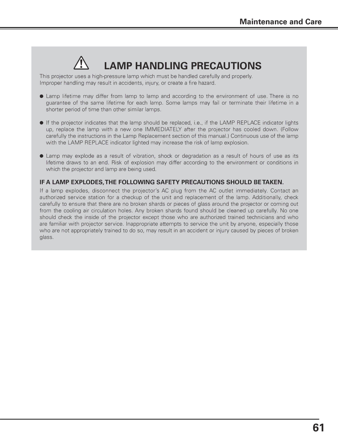 Christie Digital Systems 103-012100-01 user manual Lamp Handling Precautions 