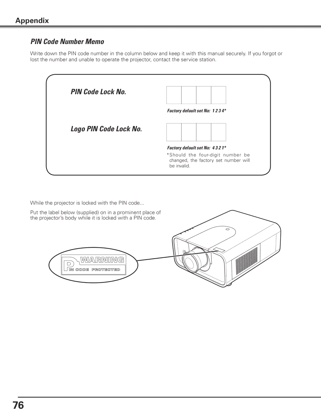 Christie Digital Systems 103-012100-01 user manual PIN Code Number Memo, Logo PIN Code Lock No 