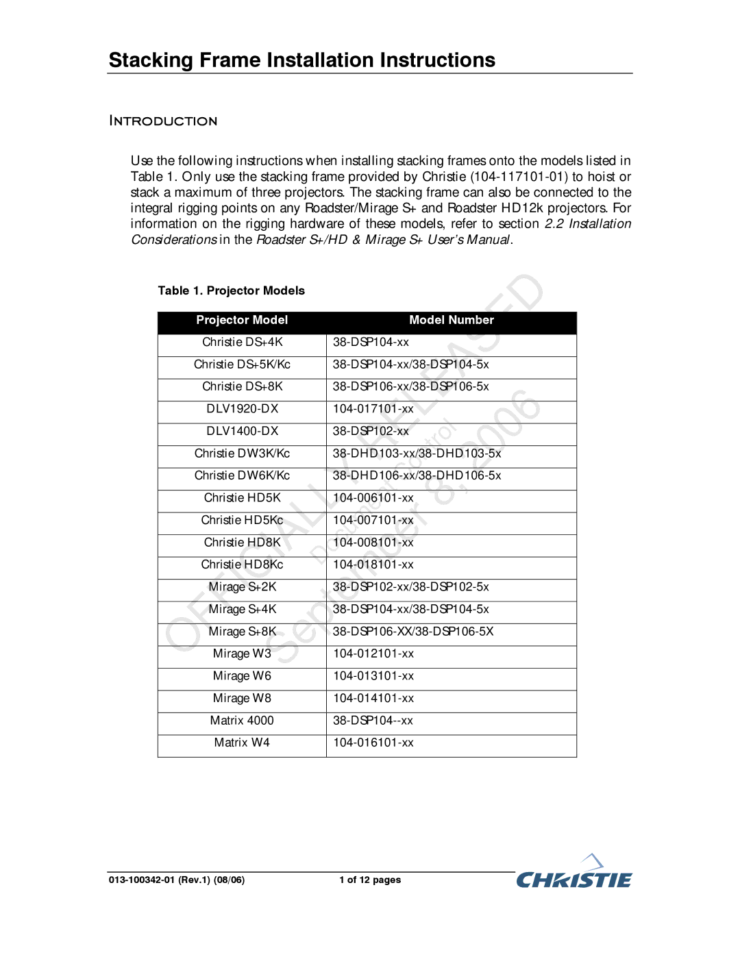 Christie Digital Systems 38-DSP106-XX, 38-DSP104-XX, 38-DSP102-XX installation instructions Released, Introduction 