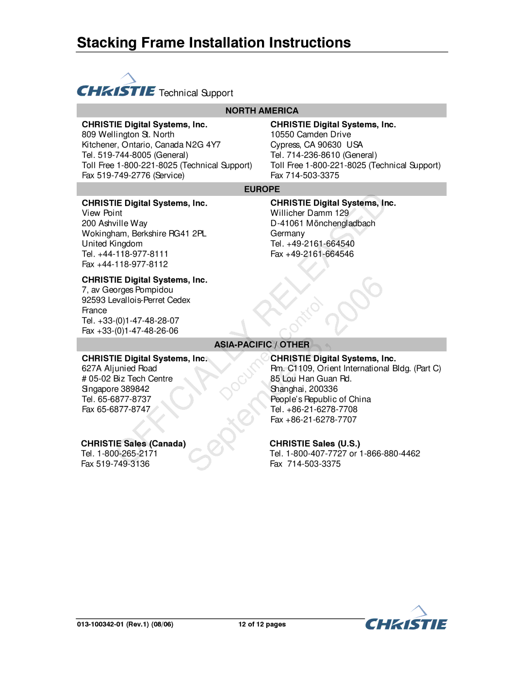 Christie Digital Systems 38-DSP106-XX, 38-DSP104-XX, 38-DSP102-XX, 38-DHD103-XX Technical Support, North America 