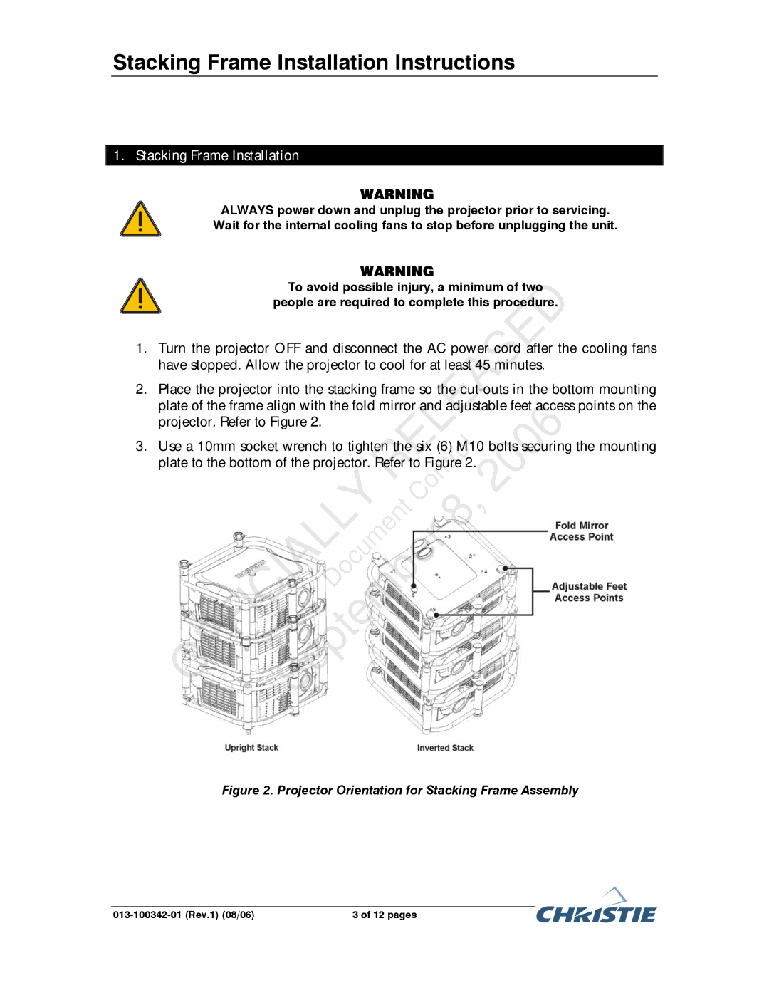 Christie Digital Systems 38-DHD103-XX, 38-DSP104-XX, 38-DSP106-XX, 38-DSP102-XX Officially, Stacking Frame Installation 