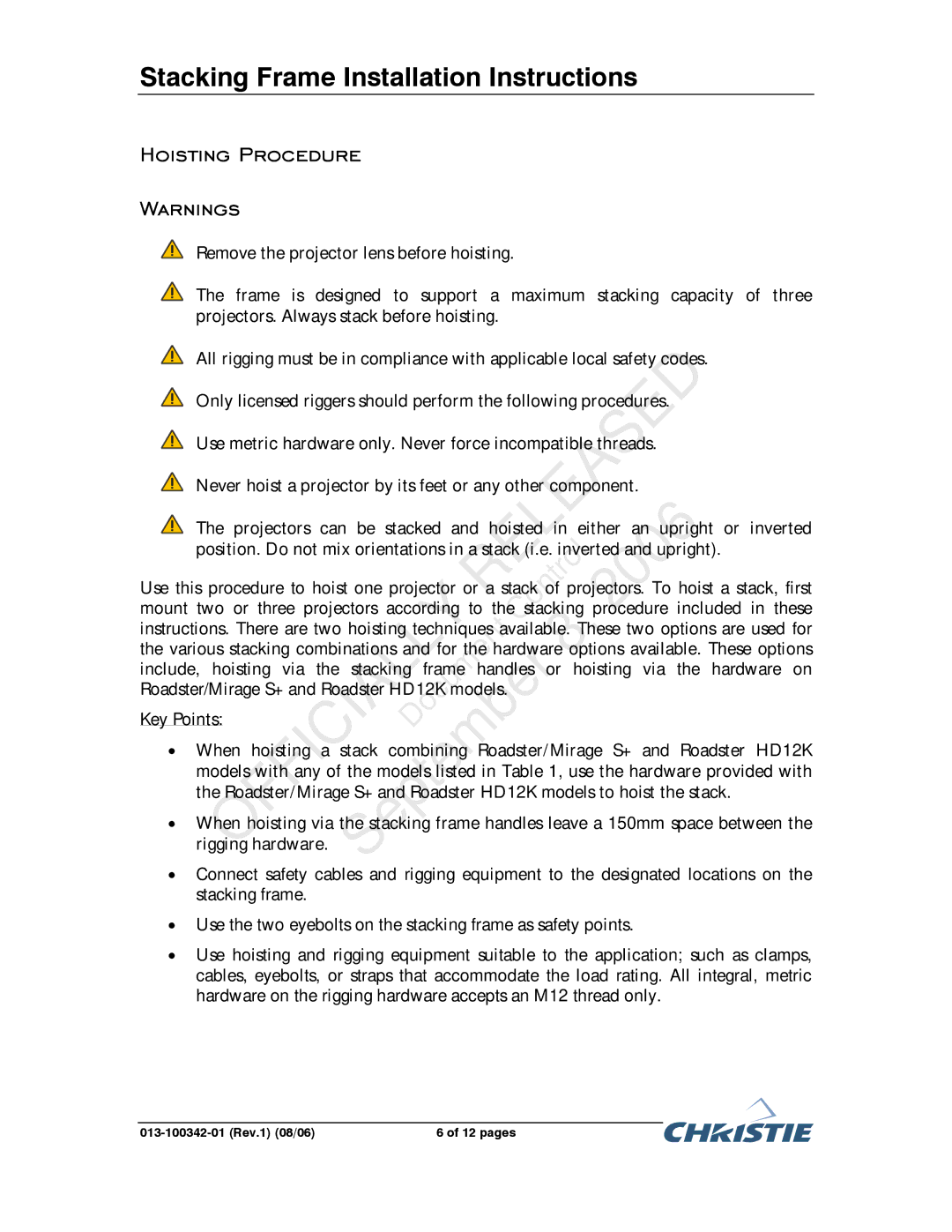 Christie Digital Systems 104-012101-XX, 38-DSP104-XX, 38-DSP106-XX, 38-DSP102-XX, 38-DHD103-XX Hoisting Procedure, Key Points 