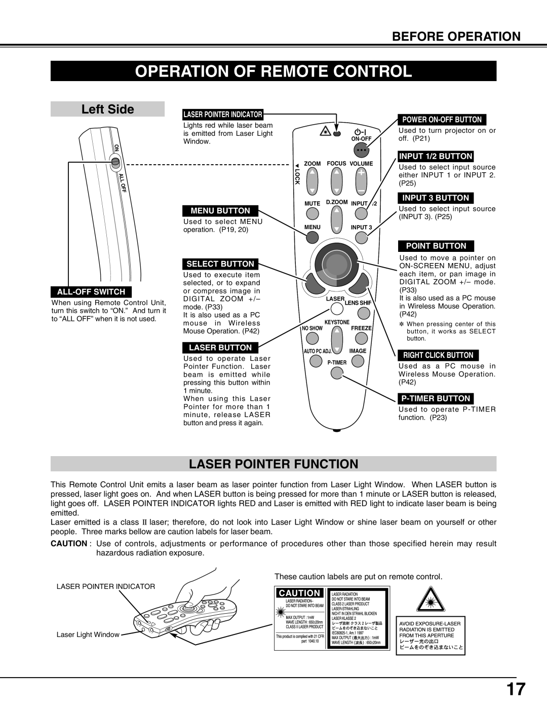 Christie Digital Systems 38-MX2001-01 user manual Operation of Remote Control, Laser Pointer Function 