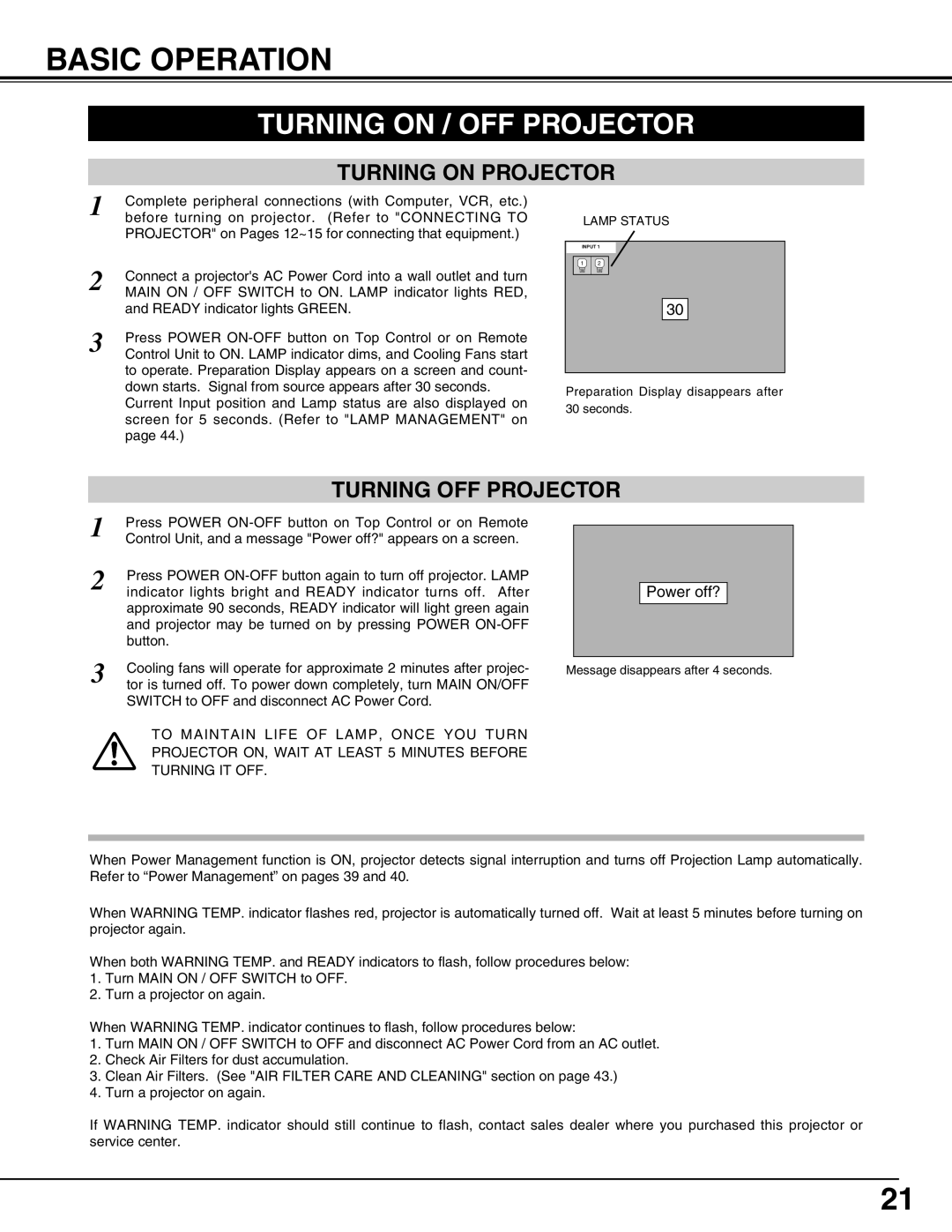 Christie Digital Systems 38-MX2001-01 user manual Basic Operation, Turning on / OFF Projector, Turning on Projector 