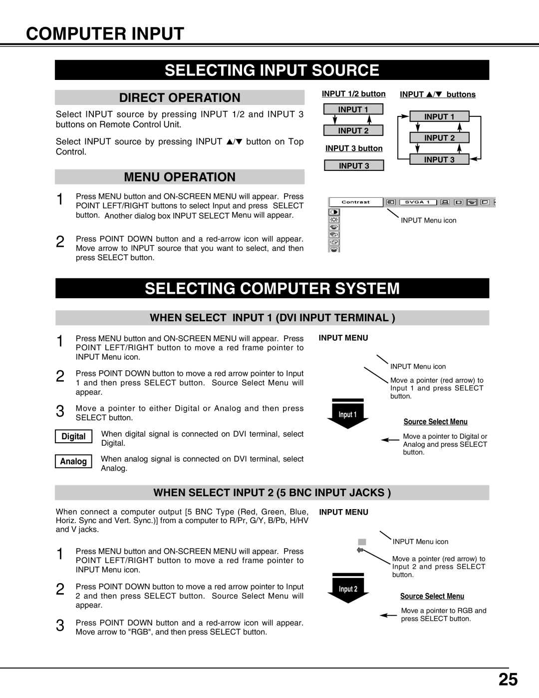 Christie Digital Systems 38-MX2001-01 Computer Input, Selecting Input Source, Selecting Computer System, Input Menu 