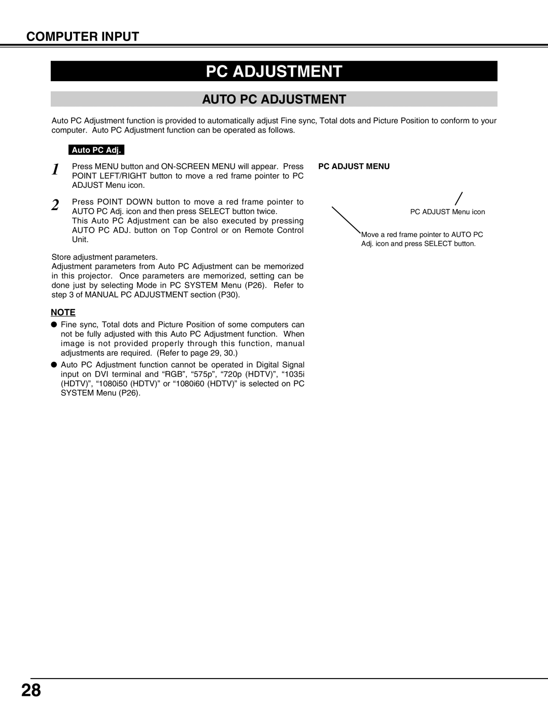 Christie Digital Systems 38-MX2001-01 user manual Computer Input, Auto PC Adjustment, PC Adjust Menu 