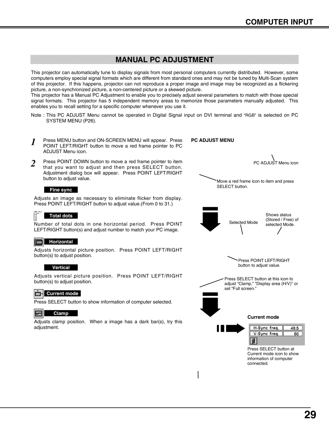 Christie Digital Systems 38-MX2001-01 user manual Computer Input Manual PC Adjustment 