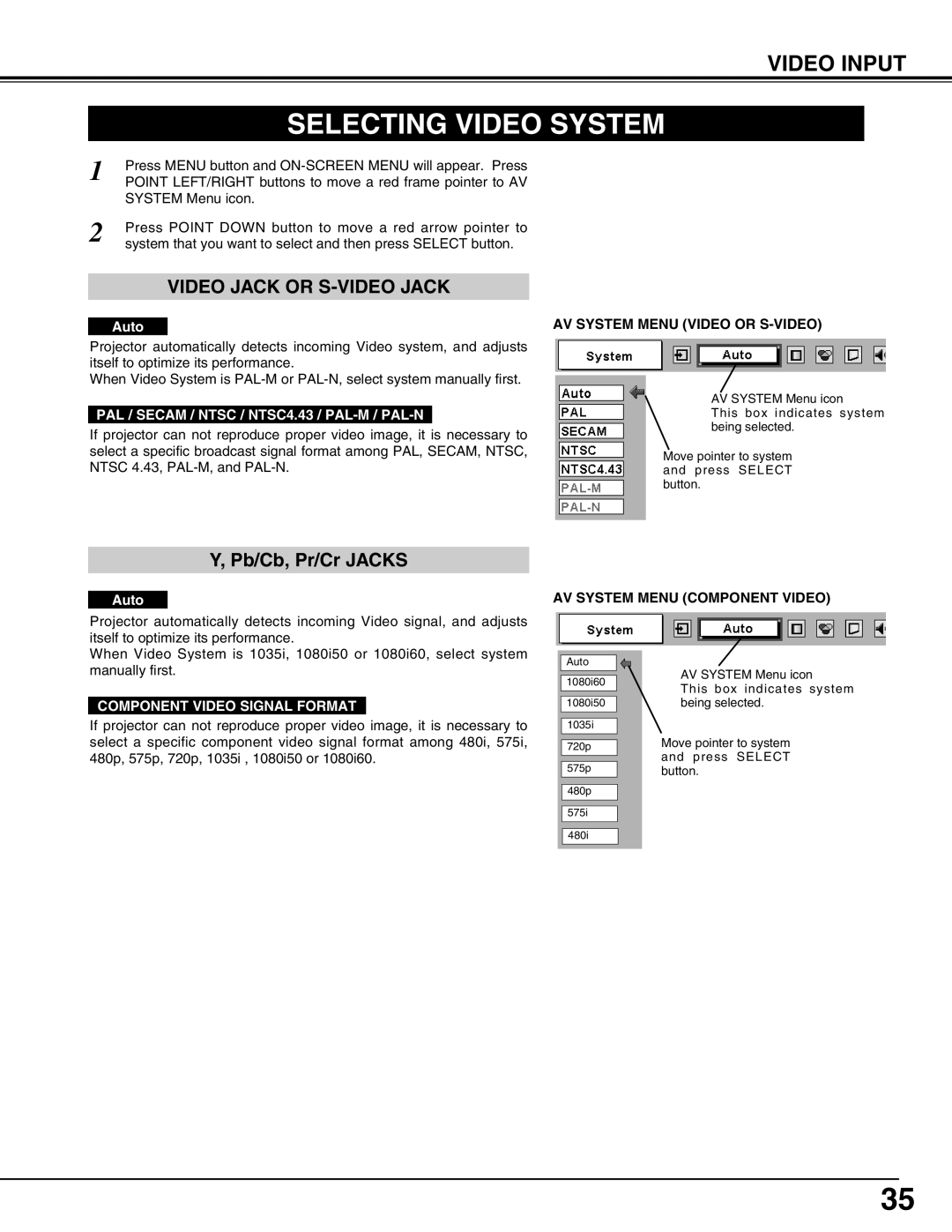 Christie Digital Systems 38-MX2001-01 Selecting Video System, Video Input, Auto, AV System Menu Video or S-VIDEO 