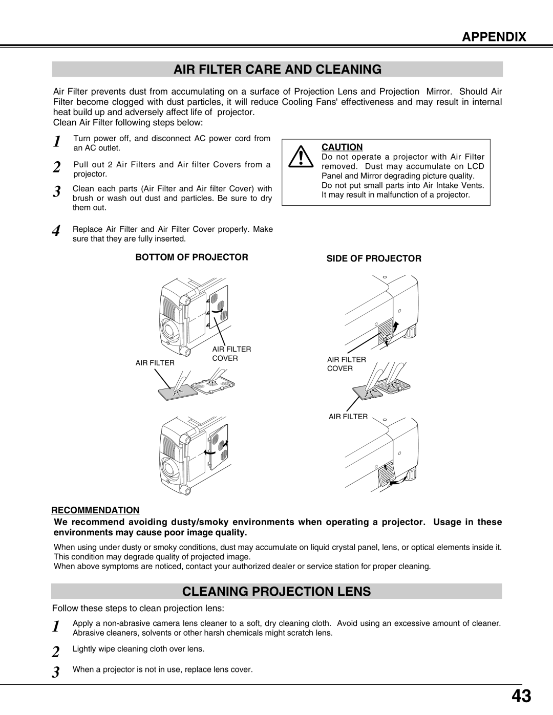 Christie Digital Systems 38-MX2001-01 user manual Appendix AIR Filter Care and Cleaning, Cleaning Projection Lens 