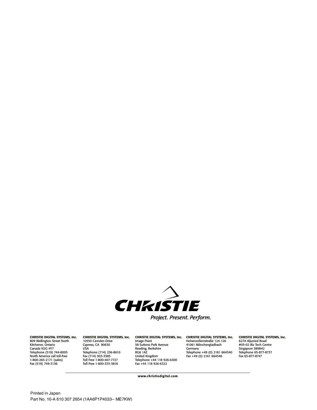 Christie Digital Systems 38-MX2001-01 user manual Part No -A 610 307 2654 1AA6P1P4033-- ME7KW 