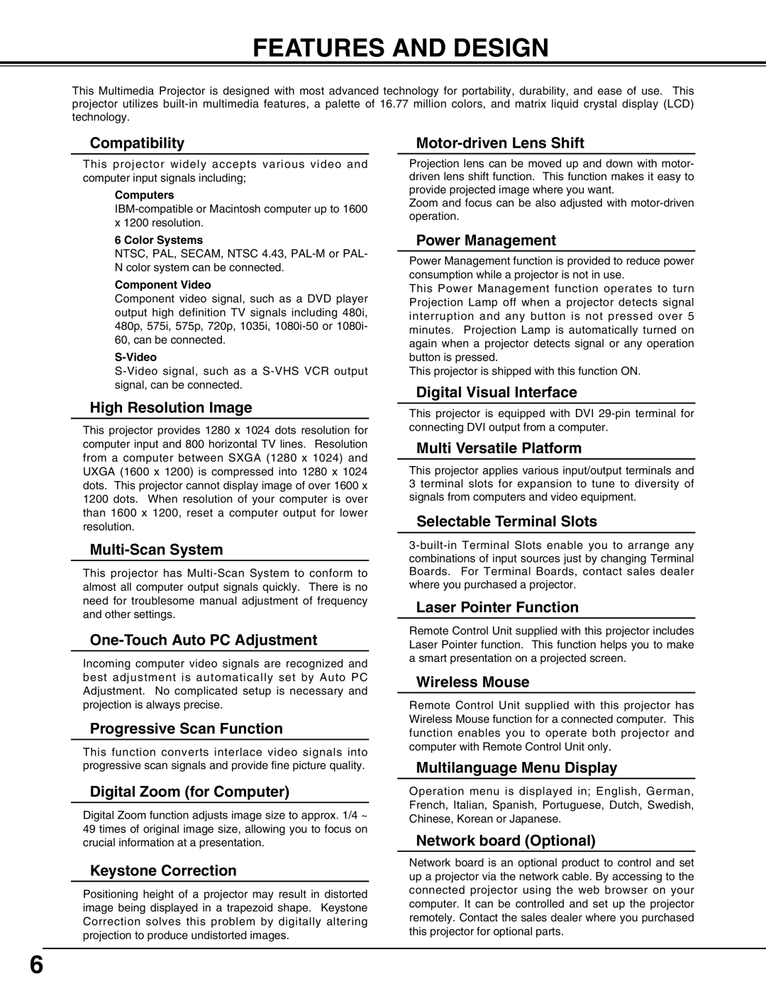 Christie Digital Systems 38-MX2001-01 user manual Features and Design, Compatibility 