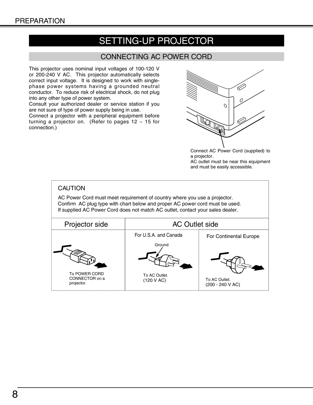 Christie Digital Systems 38-MX2001-01 user manual SETTING-UP Projector, Connecting AC Power Cord 