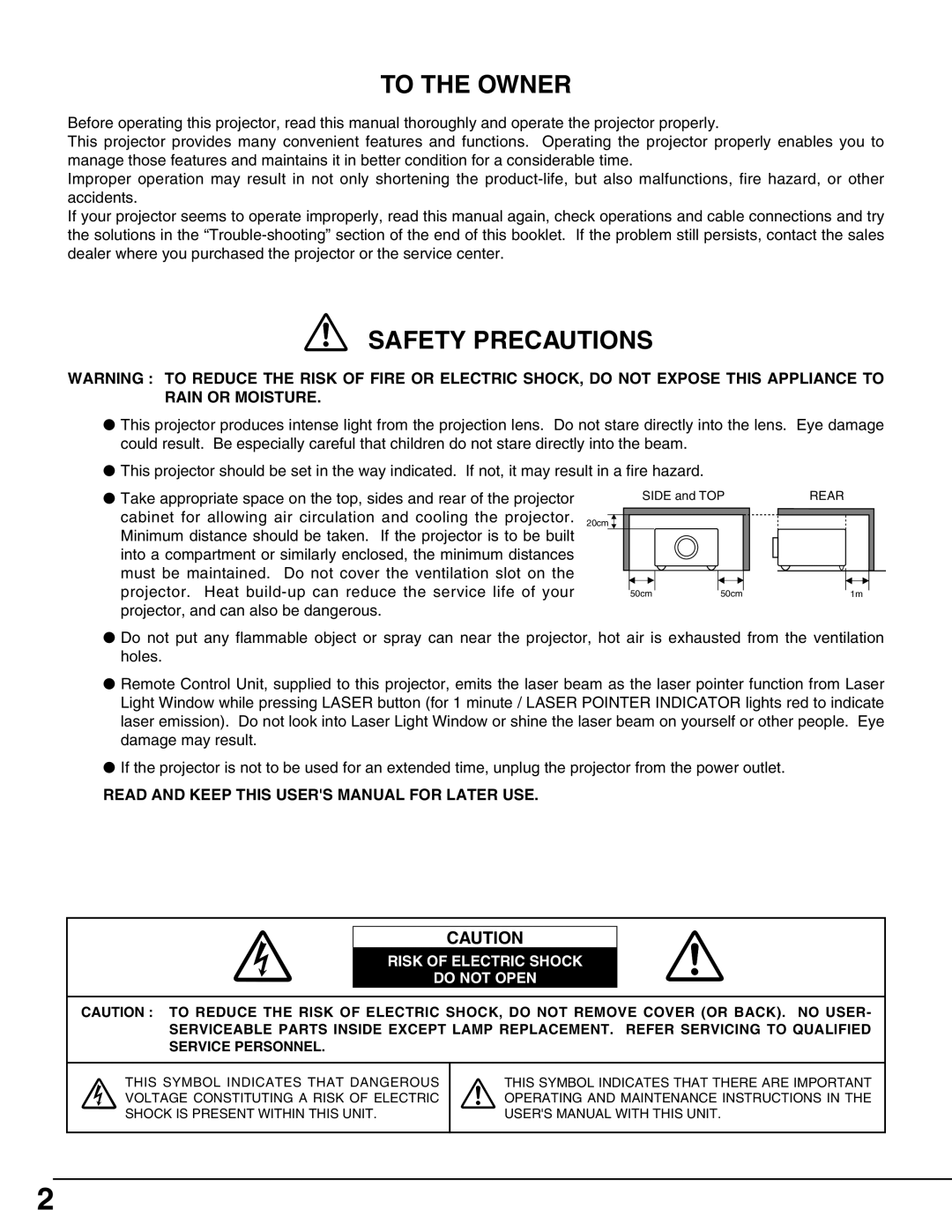 Christie Digital Systems 38-MX2001-01 To The Owner, Safety Precautions, Read And Keep This Users Manual For Later Use 