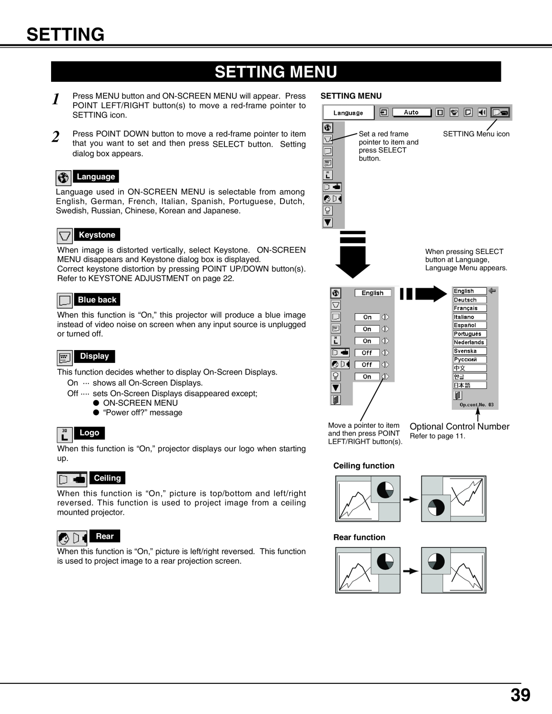 Christie Digital Systems 38-MX2001-01 user manual Setting Menu 