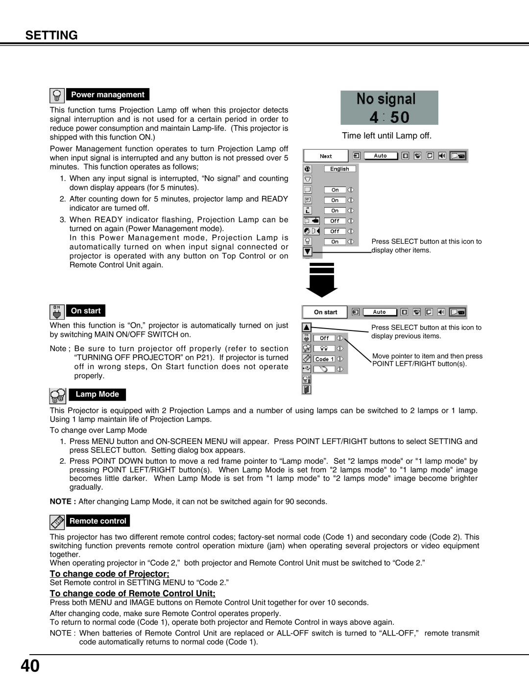 Christie Digital Systems 38-MX2001-01 user manual Setting, Time left until Lamp off, To change code of Projector 