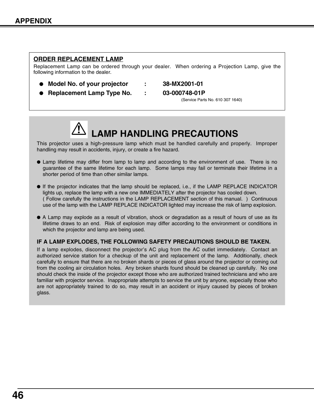 Christie Digital Systems 38-MX2001-01 Lamp Handling Precautions, Appendix, Order Replacement Lamp, 03-000748-01P 