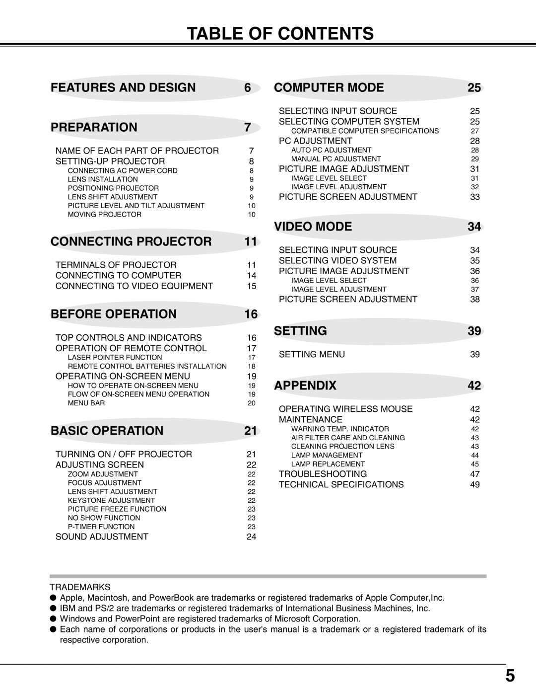 Christie Digital Systems 38-MX2001-01 Table Of Contents, Features And Design, Computer Mode, Preparation, Video Mode 