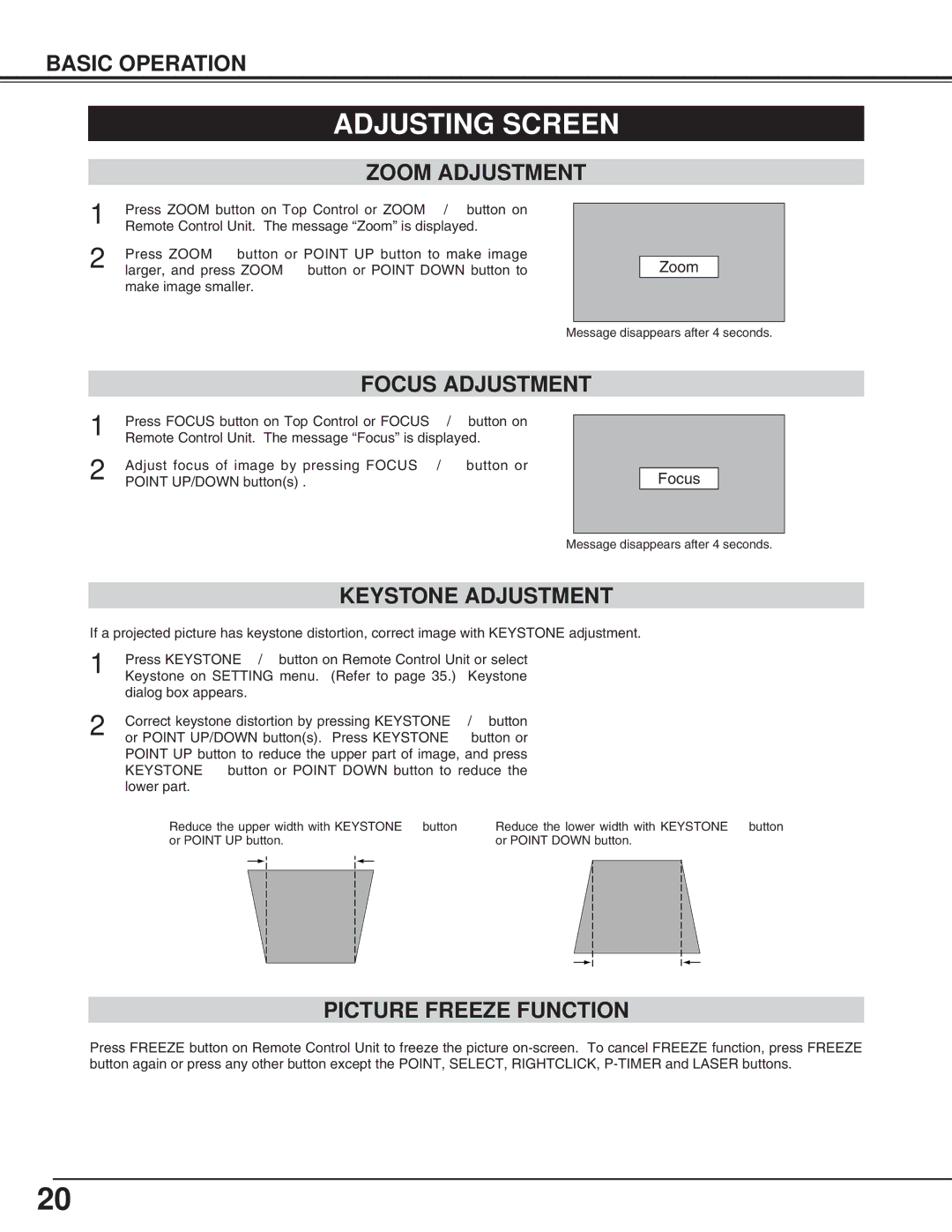 Christie Digital Systems 38-viv003-01 Adjusting Screen, Zoom Adjustment, Keystone Adjustment, Picture Freeze Function 