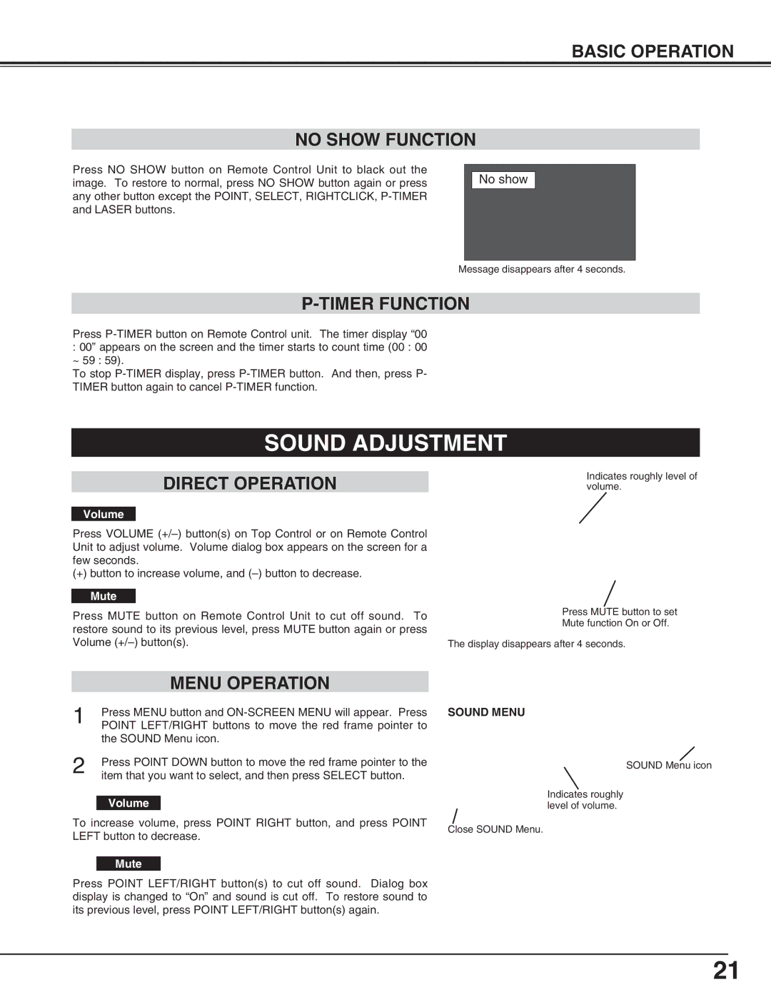 Christie Digital Systems 38-viv003-01 Sound Adjustment, Basic Operation No Show Function, Timer Function, Direct Operation 